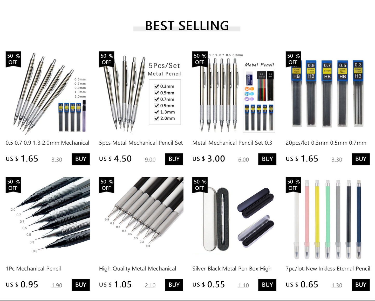 0.3 0.5 0.7 0.9 1.3 2.0mm Mechanical Pencil Set Full Metal Art Drawing Painting Automatic Pencil with Leads Office School Supply